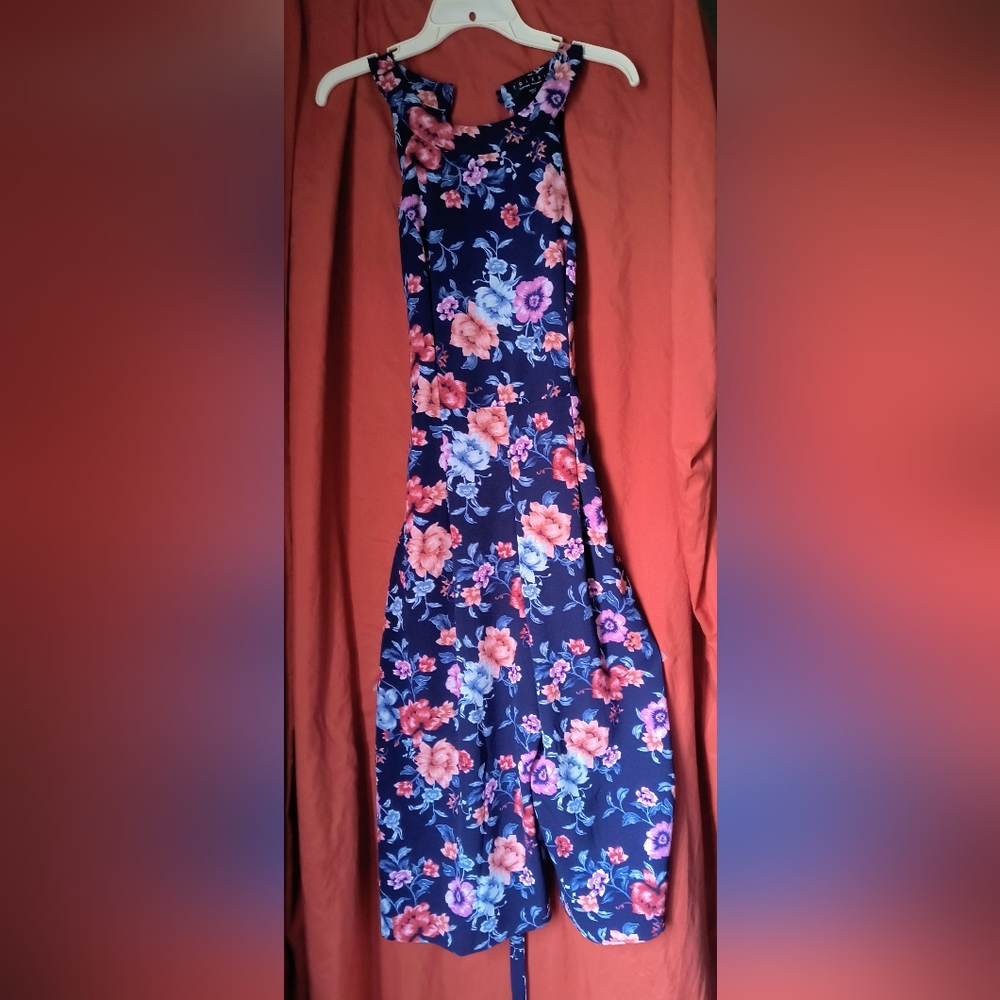 Trixxi Navy Maxi Dress with Coral and Light Blue Floral Print